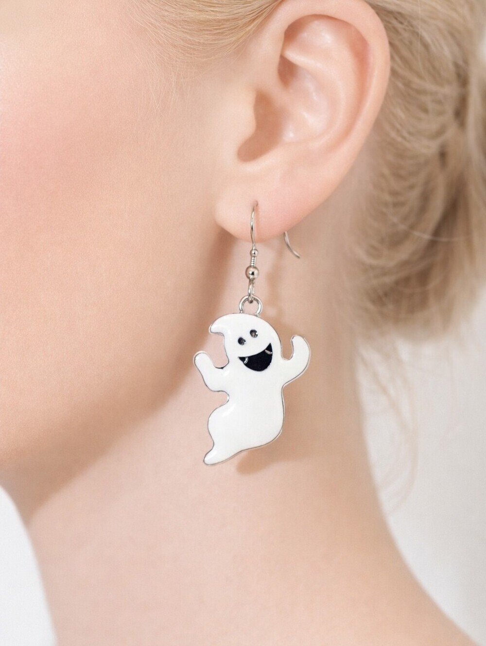Cute White Ghost Dangle Earrings Silver Tone Halloween Spooky Fun Jewelry Gift